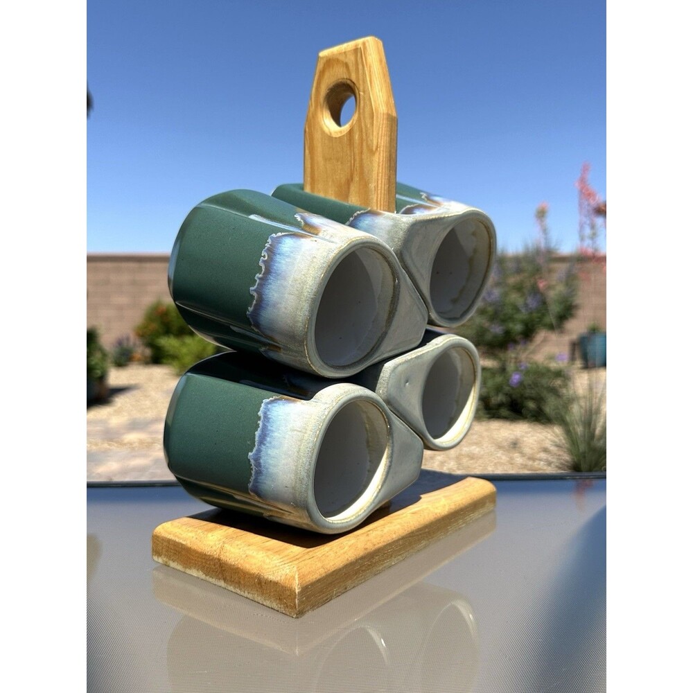 Vintage Rodolfo Padilla Teal Green Blue & Beige Drip Glaze Mugs Wood Stand Set 4
